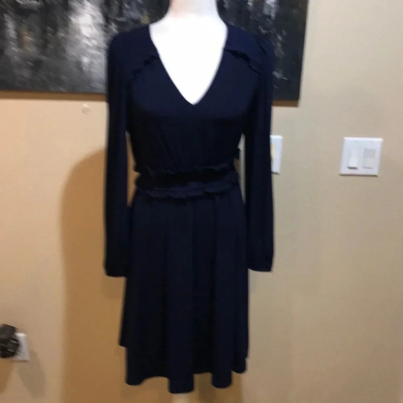 London Times Navy Long Sleeve V-Neck Ruffle Detailing Shoulder & Waist Dress-M - Picture 1 of 8